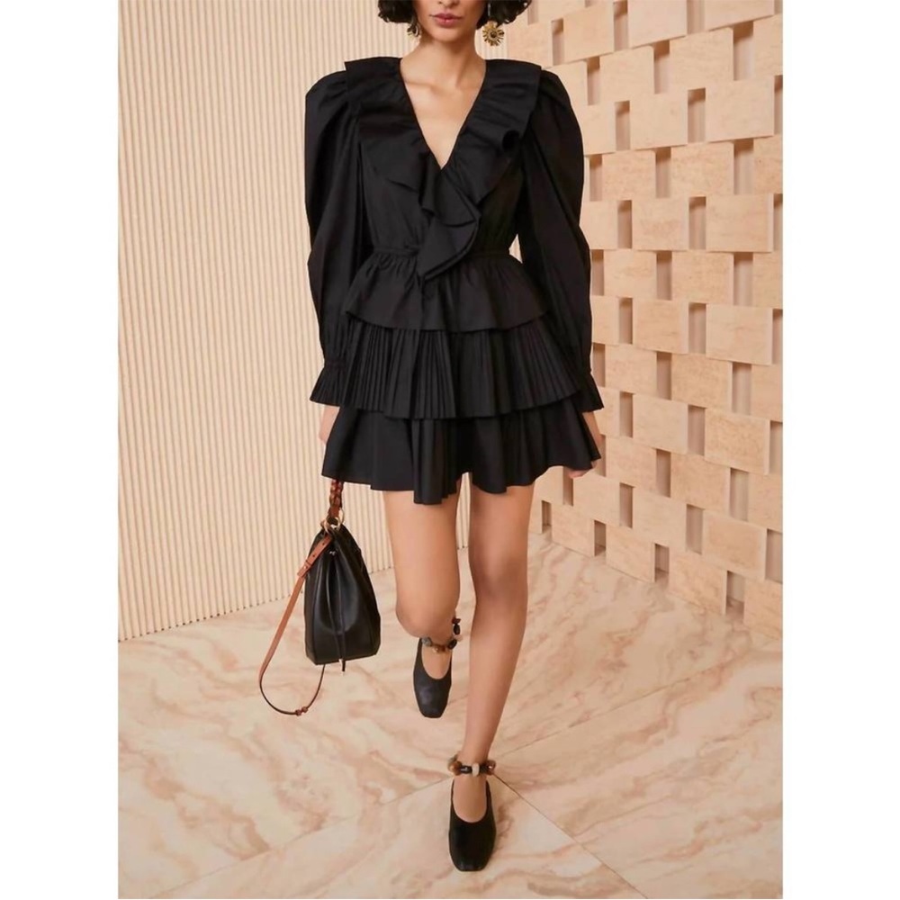 NEW Ulla Johnson Lola Mini Tiered Ruffle Dress in Noir Black Size 8